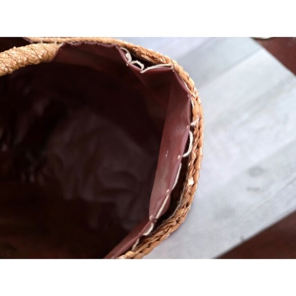 Handcrafted Straw Rattan Tote Bag 3d Floral Embroidery & Leather Wrapped Handles - Picture 7 of 11